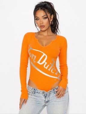 VON DUTCH Large Long Sleeve Tee Orange Bodysuit NWT Logo Graphic Y2K